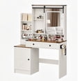 thumbnail image 1 of Mvvte Farmhouse Women Vanity Desk with Sliding Mirror and Lights, Rustic Big Makeup Table with Charging Station, Drawers, Cabinets, and Adjustable Shelves for Bedroom (White & Brown), 1 of 7
