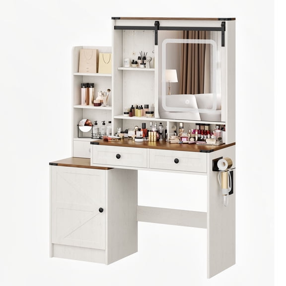 Mvvte Farmhouse Women Vanity Desk with Sliding Mirror and Lights, Rustic Big Makeup Table with Charging Station, Drawers, Cabinets, and Adjustable Shelves for Bedroom (White & Brown)