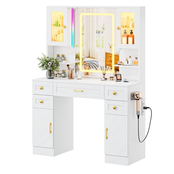 Mvvte Makeup Vanity Desk with Mirror and Lights, Large Vanity Table Set with Power Outlet, Drawers & Shelves, Dressing Table with Jewelry Storage for Bedroom, White & Gold