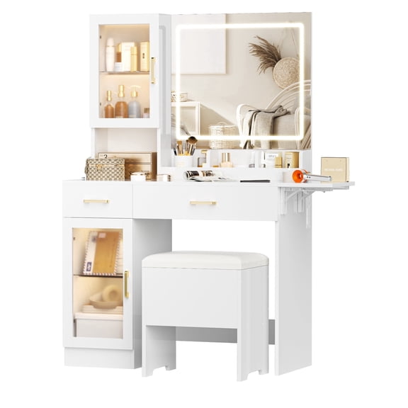 Mvvte Modern Makeup Vanity Desk with Mirror, LED Lights and Power Outlet, Vanity Desk with Storage Shelf, Drawers & Extended Desktop, Bedroom Dressing Table with Cushion Stools for Women