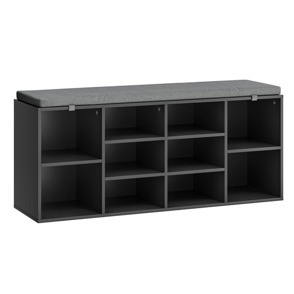 Mvvte Shoe Bench with Removable Fabric Pad, Storage Bench with Padded Seat, Entryway Bench with 10 Cubbies, for Bedroom, Mudroom, Hallway & Closet (Black, 41"D x 11.2"W x 16.75"H)