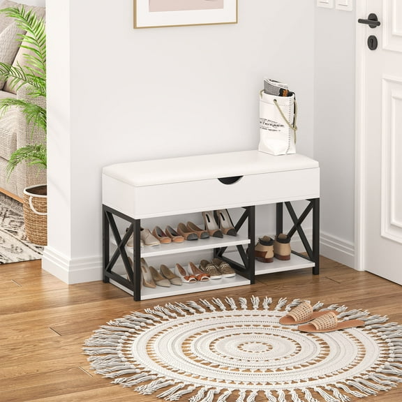 Mvvte Shoe Storage Bench with 3-Tier Shoe Rack & Cushioned Seat, Adjustable Shelf Entryway Bench, Shoe Rack for Entrance, Hallway & Living Room, White