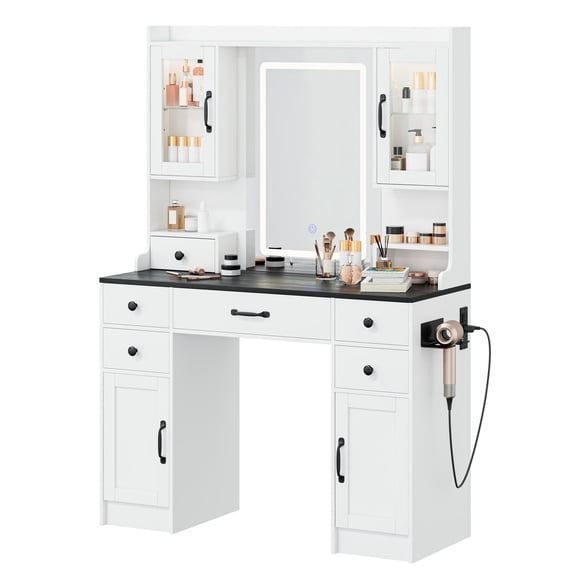Mvvte White Makeup Vanity Desk with Mirror and Lights, Large Vanity Table Set with Power Outlet, Drawers & Shelves, Dressing Table with Jewelry Storage for Bedroom, Black Handles