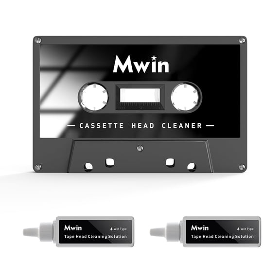 Mwin Audio Cassette Head Cleaner Tape with/ 2 Cleaning Fluids Care Wet Maintenance Kit, Cleaner for Cassette Tape Player/Boombox/Deck/Recorder