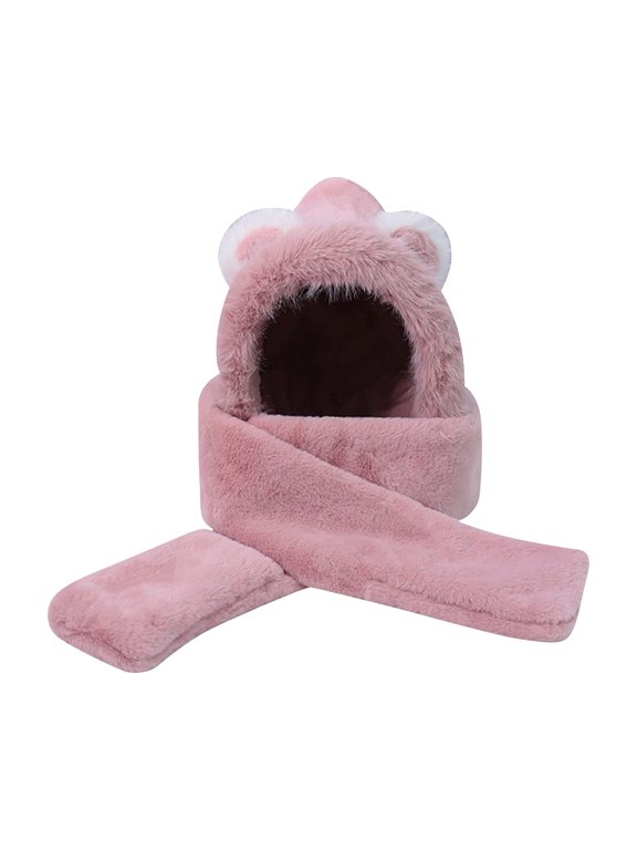3D Bear-Ear Integrated Hood Scarf Full Neck Wrap Wind-Resistant Panels for Riverside Treks Pink