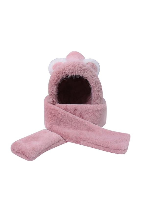 3D Bear-Ear Integrated Hood Scarf Full Neck Wrap Wind-Resistant Panels for Riverside Treks Pink