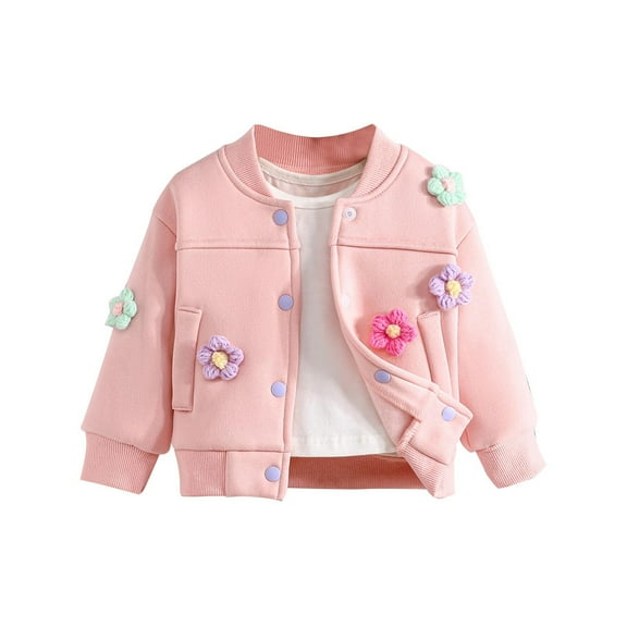 Mwjwdo Baby Girls' 6 Months-3 Years Spring Fall Cute 3D Embroidered Flower Long Sleeve Crew Neck Jacket Long Sleeve Sleeveless Casual Coat Pink 18 Months