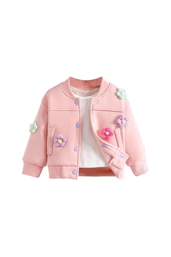 Baby Girls' 6 Months-3 Years Spring Fall Cute 3D Embroidered Flower Long Sleeve Crew Neck Jacket Long Sleeve Sleeveless Casual Coat Pink 6 Months