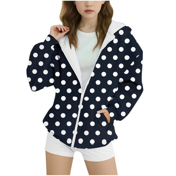Mwjwdo Baggy Full Zip Hoodie for Girls Fashion Fall Long Sleeve Sweatshirts Polka Dot Printed Kids Outdoor Jackets with Pockets Black 14-15Years