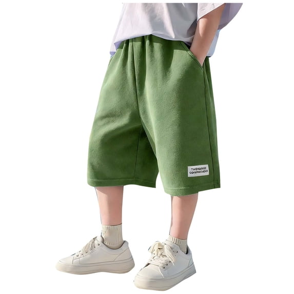 Mwjwdo Big Boys Casual Loose Sweat Bermuda Shorts, Elastic Waist Soft Cotton Blend Fabric Side Pockets, Breathable Summer Athletic Lounge Shorts for Kids 5-15Y Army Green 5 Years