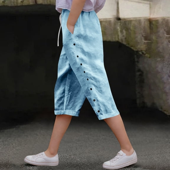 Mwjwdo Big Girls Linen Capris Pants Casual Elastic Waist Loose Summer Lightweight Daily Trousers with Pockets for Kids Blue 13 Years