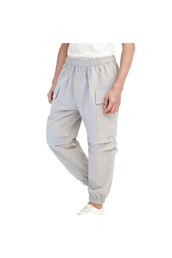 Big Kids Boys Elastic Waist Cargo Capri Pants, Solid Thin Pants with Big Pockets, Loose Outdoor Casual Bottoms Gray 0 Years
