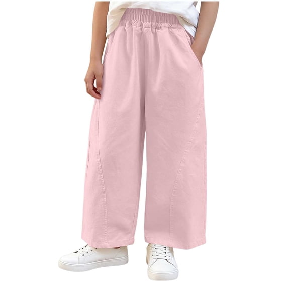 Mwjwdo Big Kids Boys & Girls Basic Solid Pants, Elastic Waist Long Trousers with Pockets, All Match Casual Daily Pants Pink 9 Years