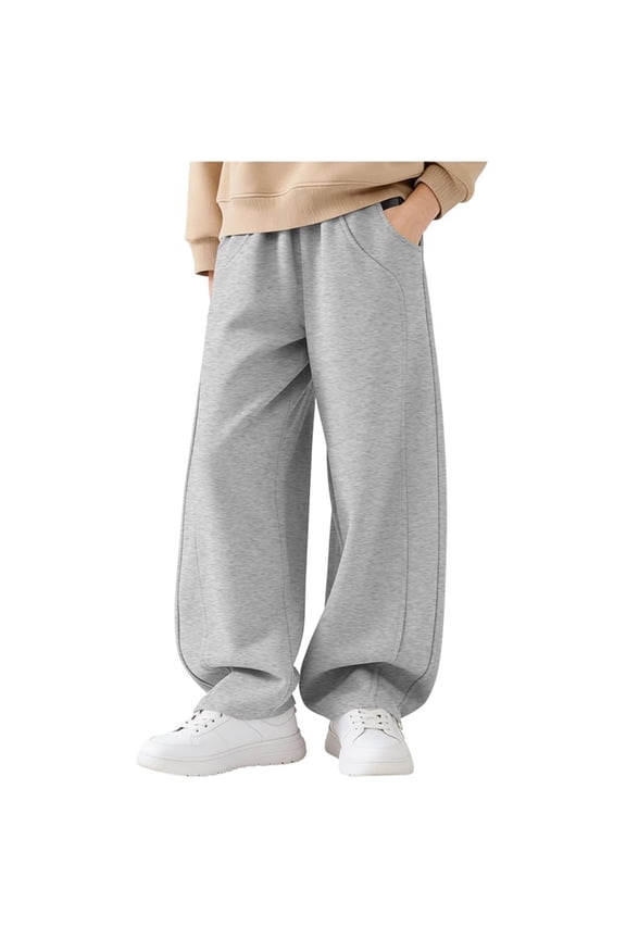 Big Kids Boys & Girls Mid Rise Curved Leg Sweatpants, Loose Wide Leg Pants with Double Pockets, Casual Lazy Daily Wear Gray 7 Years