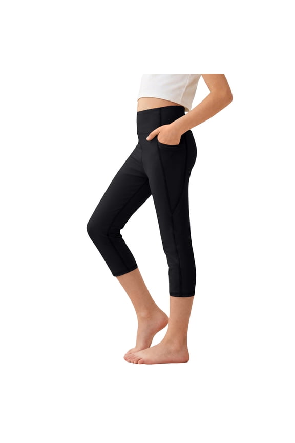 Big Kids Girls Elastic Shark Leggings, Stretch Yoga Seven Minute Pants with Pockets, Comfortable Sports Bottoms Black 4 Years