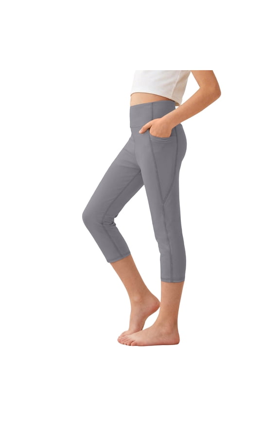 Big Kids Girls Elastic Shark Leggings, Stretch Yoga Seven Minute Pants with Pockets, Comfortable Sports Bottoms Gray 4 Years