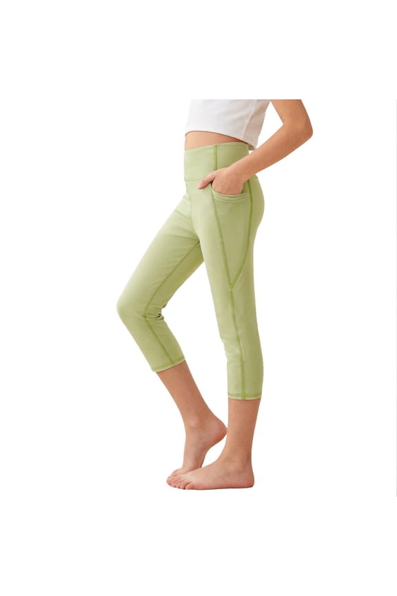 Big Kids Girls Elastic Shark Leggings, Stretch Yoga Seven Minute Pants with Pockets, Comfortable Sports Bottoms Green 4 Years