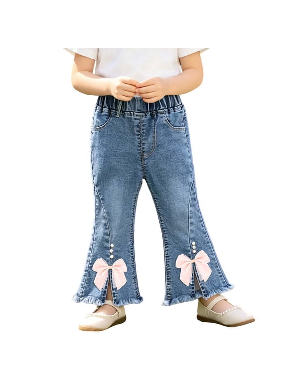 Big Kids Girls Split Hem Large Bow Micro Flare Jeans, Elastic Denim Pants with Pockets, Sweet Casual Long Bottoms Blue 6 Months