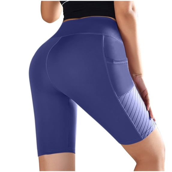 Mwjwdo Biker Shorts Women Tummy Control with Pockets High Waisted Yoga Running Workout Yoga Spandex Compression Shorts Navy M