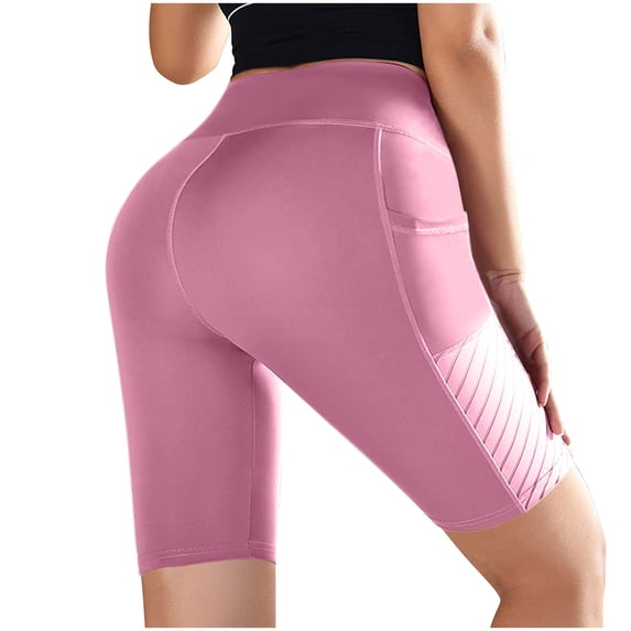 Mwjwdo Biker Shorts Women Tummy Control with Pockets High Waisted Yoga Running Workout Yoga Spandex Compression Shorts Pink XL