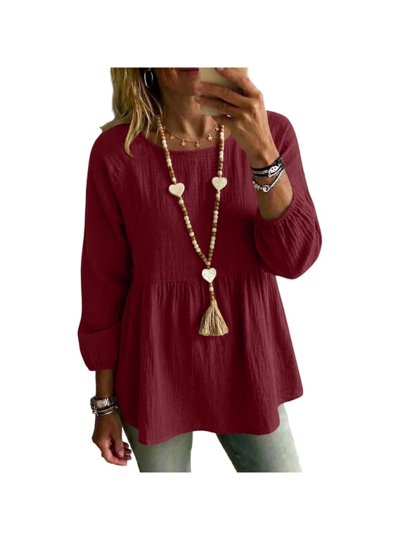 Blouses for Women Long Sleeve Bubble Sleeve Round Neck Gathered Peplum Hem Dressy Casual Fall Tunic Tops Wine XXL