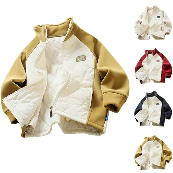 Mwjwdo Boys' 5-14 Years Kids Zip-Up Jacket Color Block High Neck Thickened Warm Cardigan Top for Big Kids Outerwear Beige 9 Years