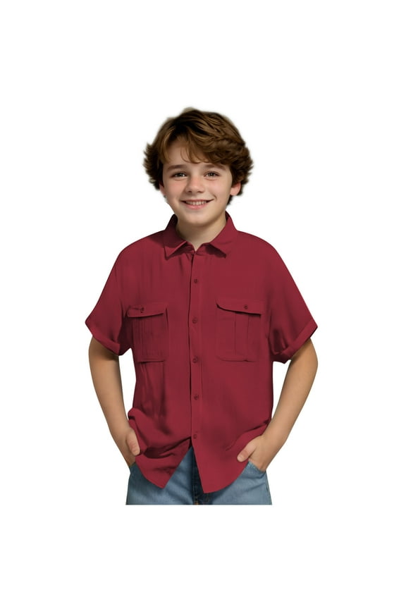 Boys' Short Sleeve Dress Shirts Classic Collared Button-Down Tshirt Solid Cotton Linen Top with Chest Pocket Red 5 Years