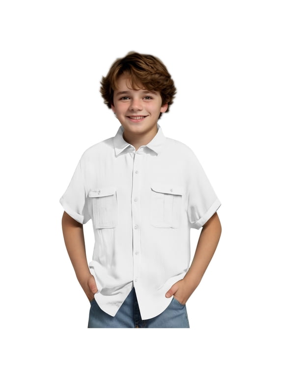 Boys' Short Sleeve Dress Shirts Classic Collared Button-Down Tshirt Solid Cotton Linen Top with Chest Pocket White 7 Years