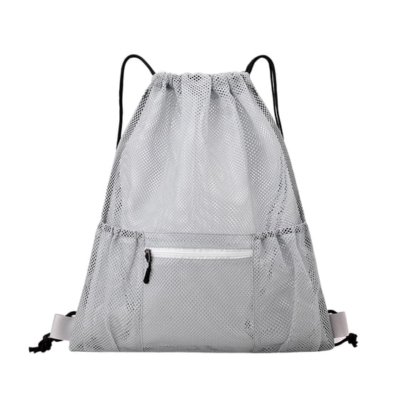 Mwjwdo Breathable Mesh Drawstring Sports Backpack, Front Zip Pocket Lightweight Cinch Sack for Gym Swimming Workout Daily Gray