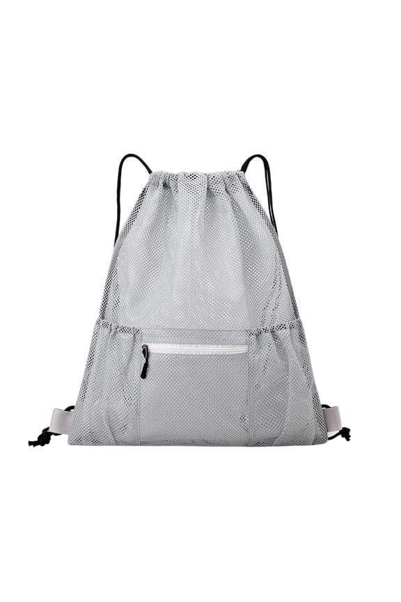 Breathable Mesh Drawstring Sports Backpack, Front Zip Pocket Lightweight Cinch Sack for Gym Swimming Workout Daily Gray