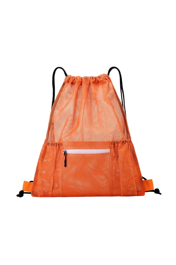 Breathable Mesh Drawstring Sports Backpack, Front Zip Pocket Lightweight Cinch Sack for Gym Swimming Workout Daily Orange