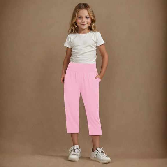 Mwjwdo Capri Pants for Girls Casual Summer Pants Lightweight Workout Pant Stretch Comfy Gym Yoga Pant High Waist Trousers Pink 4 Years