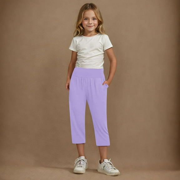 Mwjwdo Capri Pants for Girls Casual Summer Pants Lightweight Workout Pant Stretch Comfy Gym Yoga Pant High Waist Trousers Purple 10 Years