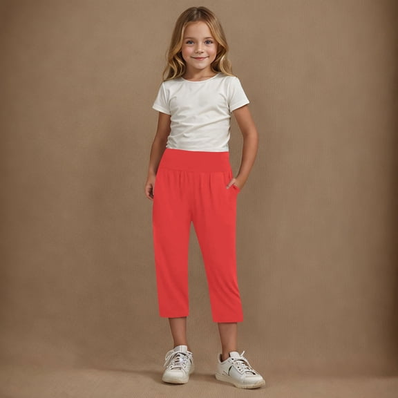 Mwjwdo Capri Pants for Girls Casual Summer Pants Lightweight Workout Pant Stretch Comfy Gym Yoga Pant High Waist Trousers Red 4 Years