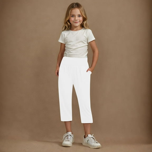 Mwjwdo Capri Pants for Girls Casual Summer Pants Lightweight Workout Pant Stretch Comfy Gym Yoga Pant High Waist Trousers White 6 Years