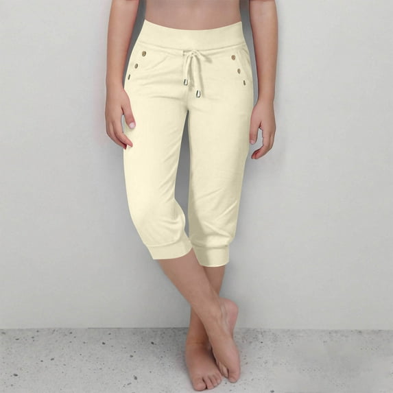 Mwjwdo Capri Pants for Girls High Waisted Drawstring Joggers Stretch Lightweight Casual Hiking Pant Capri with Pockets Beige 11 Years
