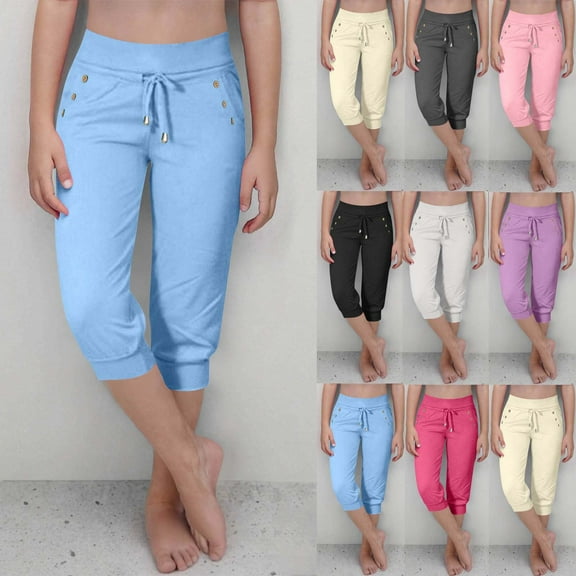 Mwjwdo Capri Pants for Girls High Waisted Drawstring Joggers Stretch Lightweight Casual Hiking Pant Capri with Pockets Beige 9 Years