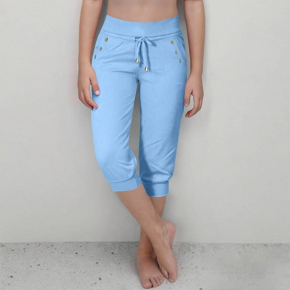 Mwjwdo Capri Pants for Girls High Waisted Drawstring Joggers Stretch Lightweight Casual Hiking Pant Capri with Pockets Blue 7 Years