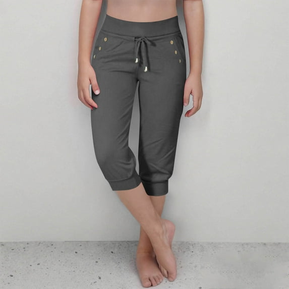 Mwjwdo Capri Pants for Girls High Waisted Drawstring Joggers Stretch Lightweight Casual Hiking Pant Capri with Pockets Dark Gray 7 Years