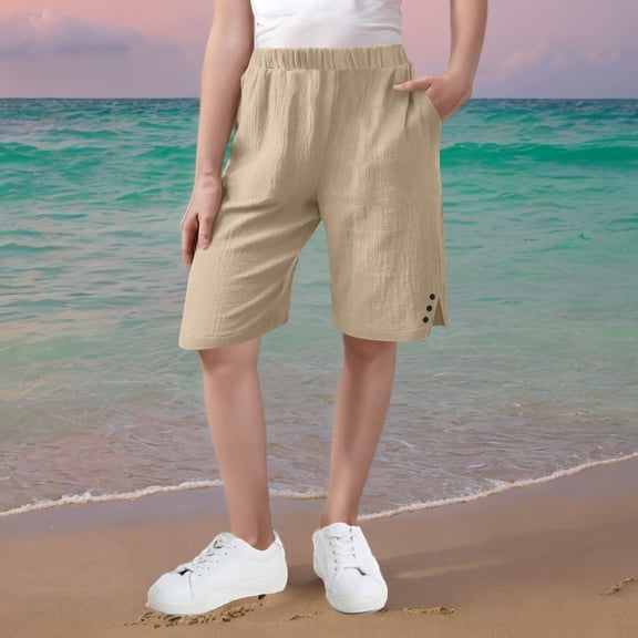 Mwjwdo Capri Pants for Women Bermuda Shorts High Waisted Wide Leg Cropped Linen Pants Casual Palazzo Pant with Pockets Khaki 140