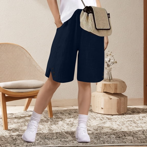 Mwjwdo Capri Pants for Women Bermuda Shorts High Waisted Wide Leg Cropped Linen Pants Casual Palazzo Pant with Pockets Navy 150