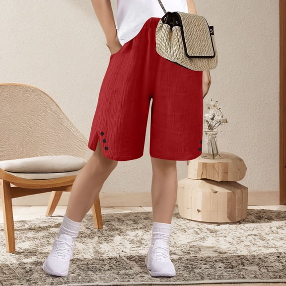 Mwjwdo Capri Pants for Women Bermuda Shorts High Waisted Wide Leg Cropped Linen Pants Casual Palazzo Pant with Pockets Red 110