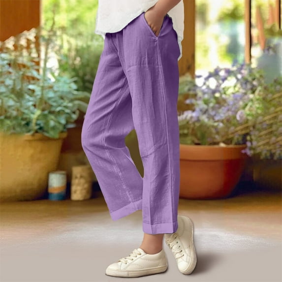 Mwjwdo Costaric Cotton Linen Floral Cropped Pants for Girls Summer Elastic Waist Kids Straight Wide Leg Boho Beach Trouser with Pockets Purple 8 Years