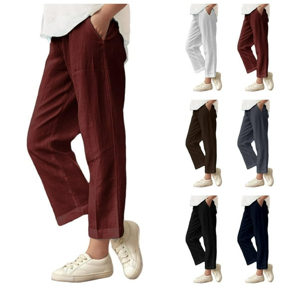 Mwjwdo Cotton Linen Pants Girls Elastic High Waisted Straight Leg Lounge Pants Kids Casual Slacks Summer Trousers with Pockets Gray 13 Years