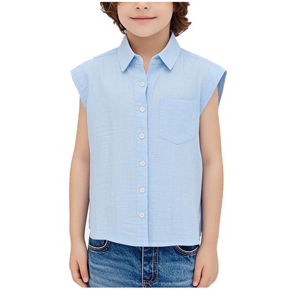 Mwjwdo 3-14T Baby Boys Girls Short Sleeves Blouse Tops Summer Fashion Solid Color Lapel Cotton Linen Shirts Kids Soft Comfy Tunic Top Sky Blue 5 Years