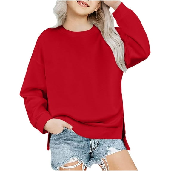 Mwjwdo Deals Girls Crewneck Sweatshirt Long Sleeve Pullover Tops Drop Shoulder Sweatshirts Side Split for 5-14 Years Red 7 Years