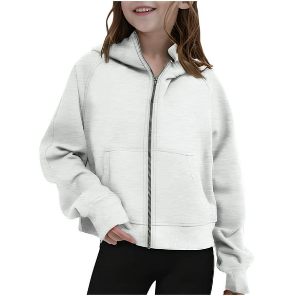Mwjwdo Girls Hooded Sweatshirts Casual Long Sleeve Zipper Open Front Hoodies Jacket Tops Teens Girls Clothes with Pockets White 120