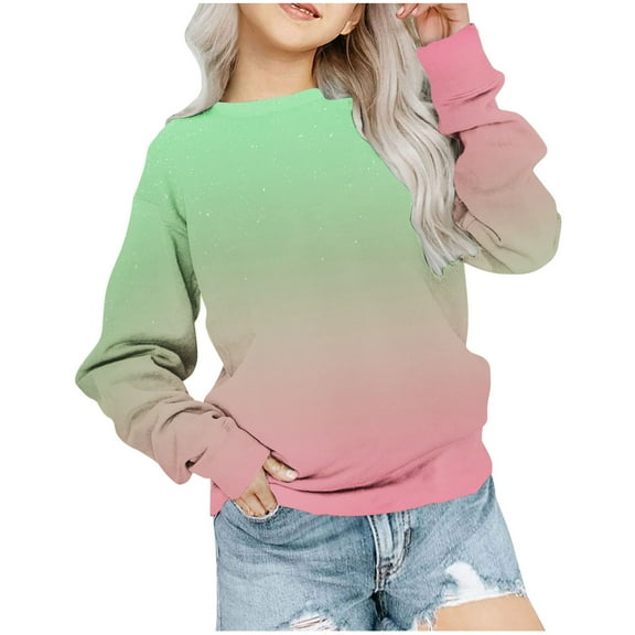 Mwjwdo Girls Long Sleeve Crewneck Sweatshirts Fall Fashion Gradient Pullover Tops Fleece Sweater Cute Preppy Outfits Green 5 Years