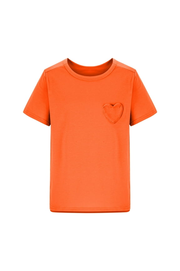 Girls Short Sleeve T-Shirts Solid Color Basic Tee Tops Summer Cute Love Pocket 5-15 Years Children's Casual Tshirts Orange 5 Years