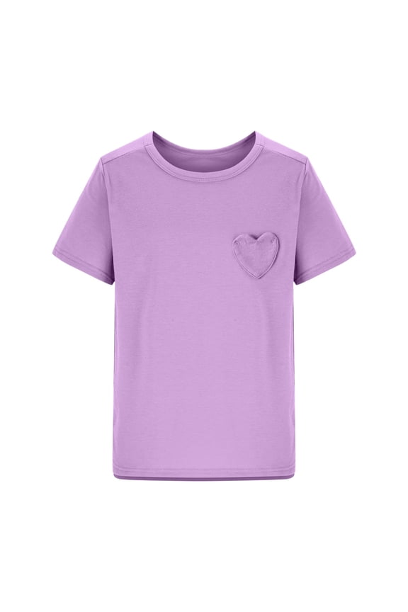 Girls Short Sleeve T-Shirts Solid Color Basic Tee Tops Summer Cute Love Pocket 5-15 Years Children's Casual Tshirts Purple 5 Years